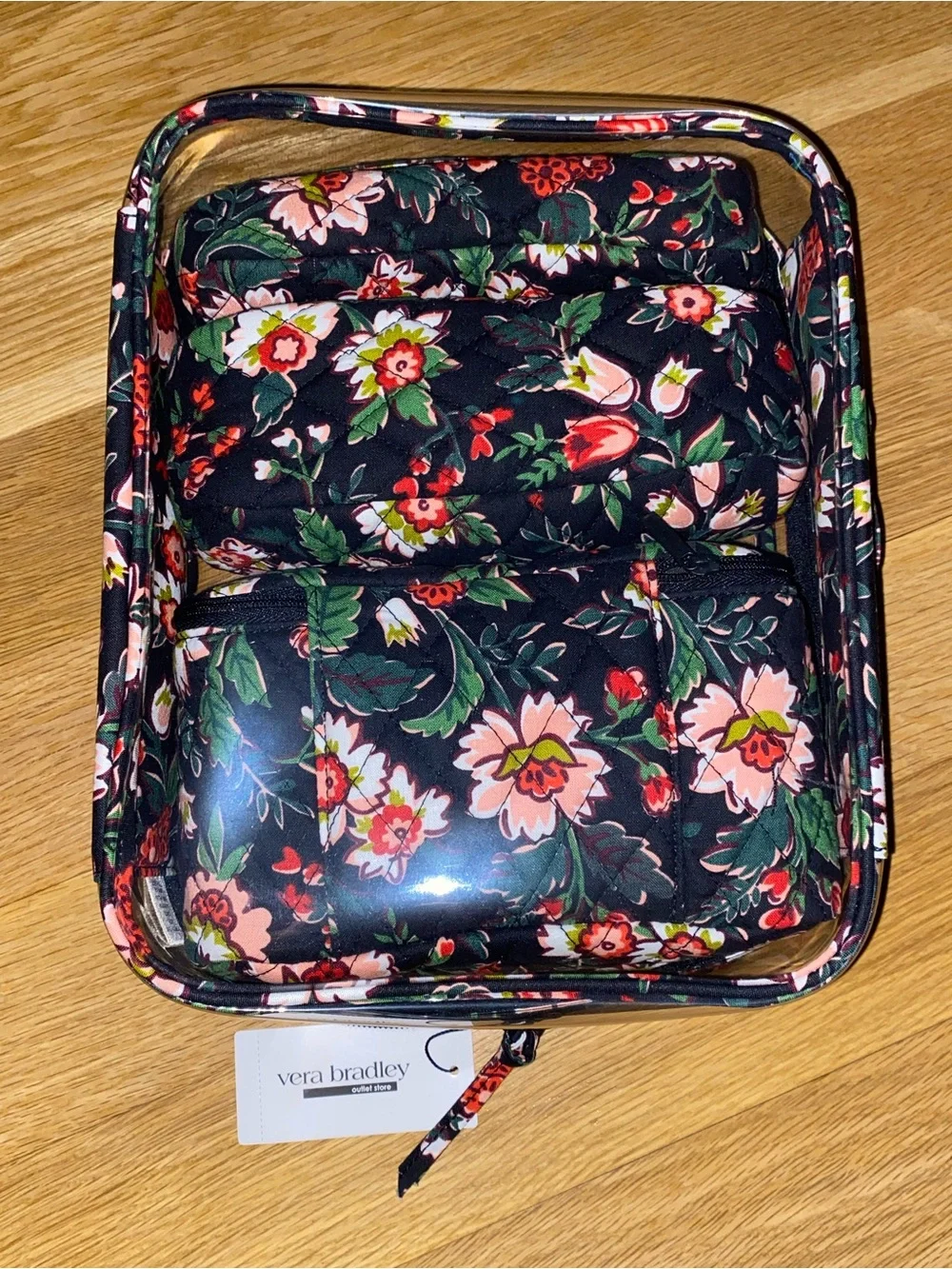 Vera Bradley 4 piece Makeup Cosmetic Pouch Travel Hidden Hearts Black Red Floral
